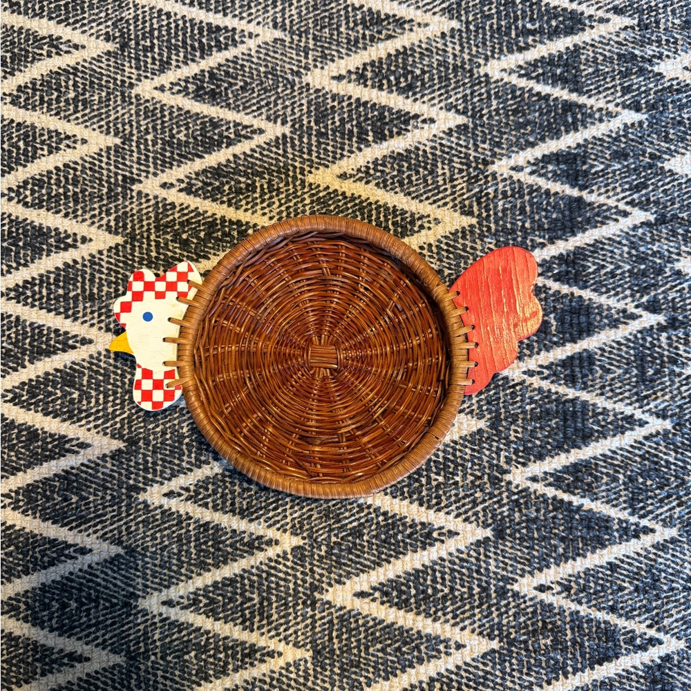 Wicker Basket with Red and White Chicken Design